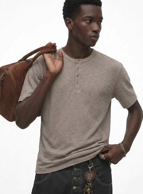 老钱亨利领短袖T恤2026春夏新品慵懒风休闲宽松纯色上衣