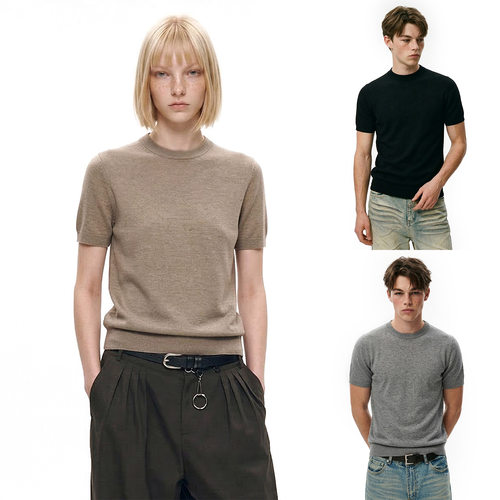 莱赛尔老钱风cleanfiti基础纯色打底针织短袖T恤上衣