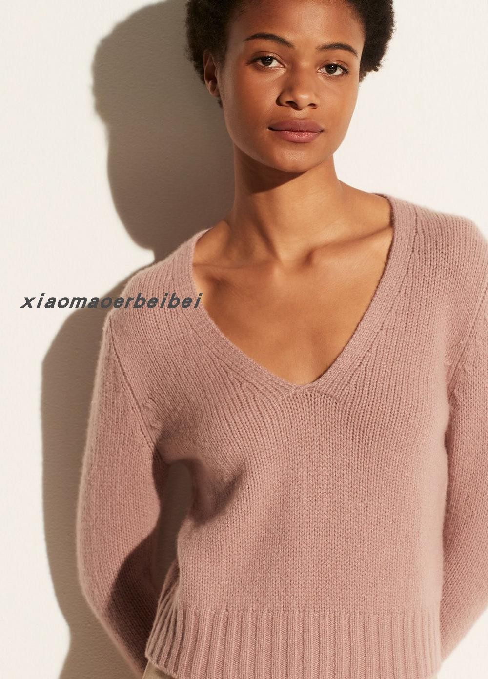 小猫儿美国代购Vince烟粉色套头纯色V领纯羊绒休闲百搭毛衣针织衫