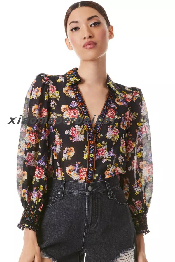 小猫儿美国代购aliceolivia新款印花真丝v领气质百搭衬衫上衣长袖