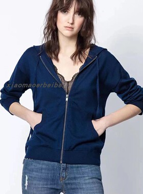 小猫儿美代购Zadig&Voltaire蓝色羊绒经典骷髅头连帽纯色毛衣帽衫