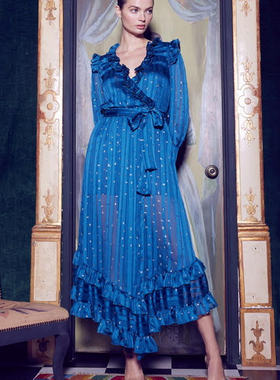 小猫儿美国代购直邮Misa波西米亚风蓝色海报款长款印花连衣裙