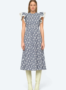 小猫儿美国代购直邮Sea New York蓝色亚麻印花小飞袖收腰连衣裙