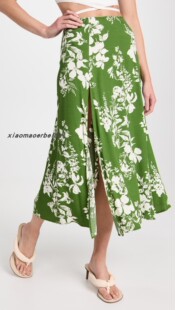 小猫儿美国代购直邮Reformation绿色印花气质侧开叉半身裙长裙