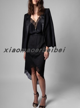 小猫儿美国代购Zadig Voltaire黑色真丝不对称蕾丝中长裙半身裙