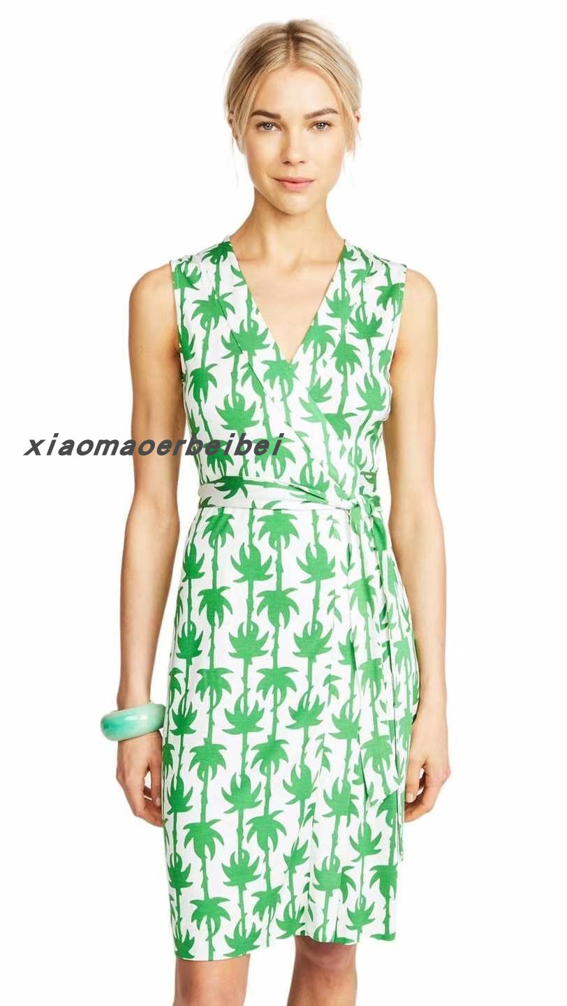 小猫儿美国代购DVF印花真丝树叶无袖系带显瘦气质裹身裙连衣裙