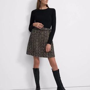 小猫儿美代购直邮Theory羊毛撞色拼接花呢针织圆领显瘦修身连衣裙
