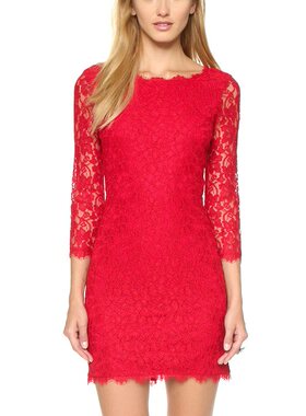 美国代购 dvf 正红色经典蕾丝连衣裙