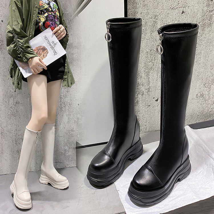 내부 높이가 10CM인 여성용 키 10CM 부츠 2024 새로운 겨울 두꺼운 밑창은 무릎 높이 이하이며 작은 사람들을 위한 벨벳 굴뚝 부츠