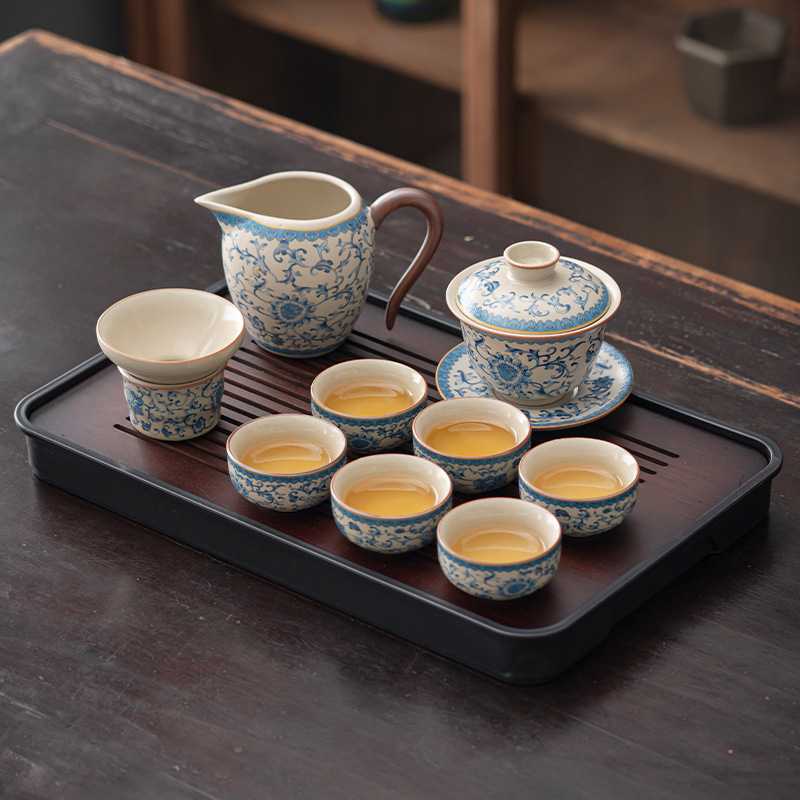 青花米黄汝窑功夫茶具套装家用办公喝茶中式高档陶瓷泡茶壶喝茶杯