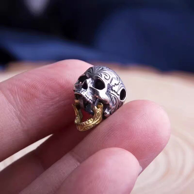 藏银唐草骷髅三通佛头隔珠菩提手串文玩配饰雕花骷髅头下巴可开合