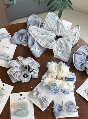 新款韩版春夏清新蓝色褶皱飞边大肠发圈温柔法式简约甜美气质鸭夹