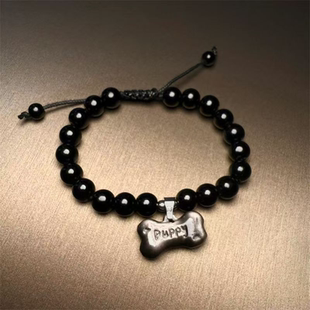 「我和小狗有个约会」puppy小骨头手链黑曜石手串简约百搭情侣款