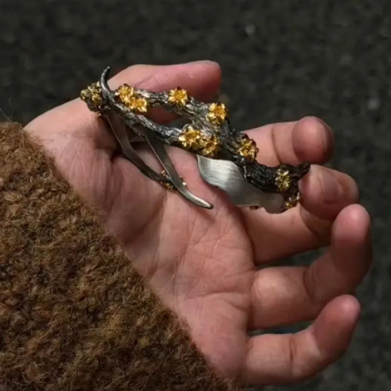 桃花手镯个性复古做旧传统文化高级感精雕开口镯子送男士礼物饰品
