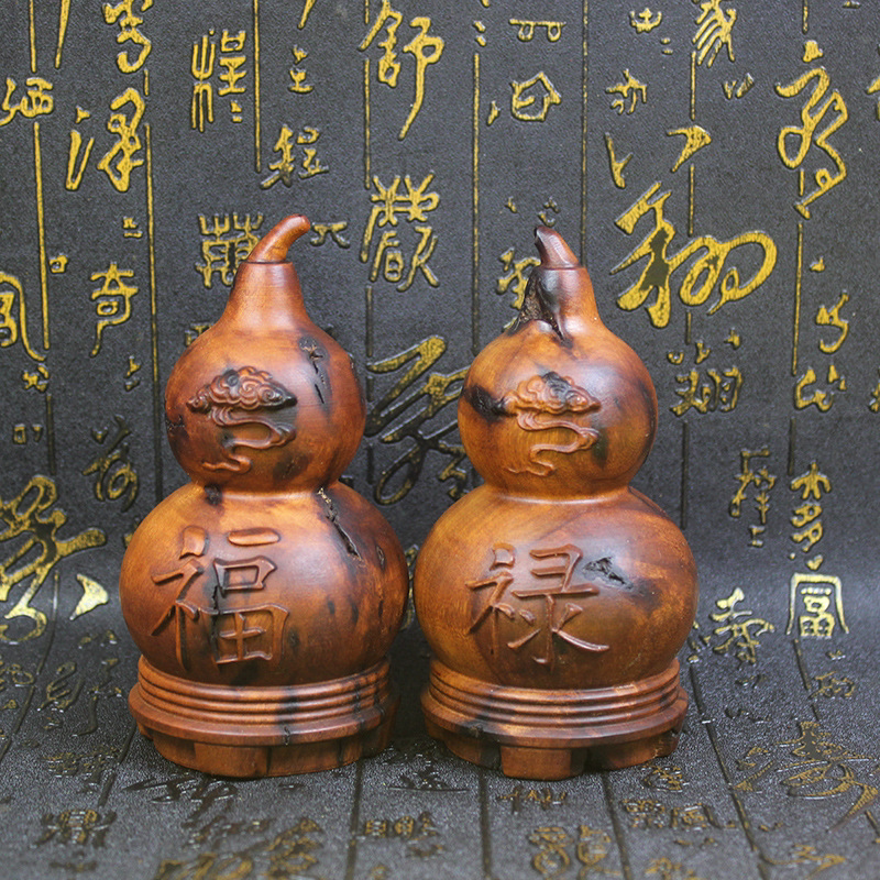 雷击枣木雷焦祥云福禄葫芦摆件手工精雕一体葫芦摆件饰品家居装饰