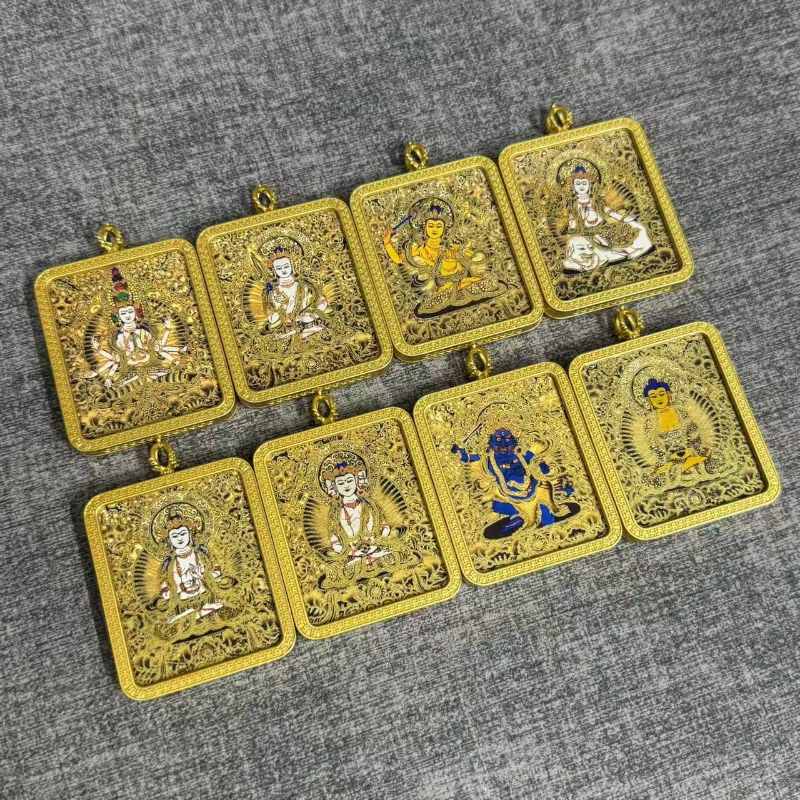 唐卡半手绘描金八大守护神嘎乌盒本命佛喷绘描金千手观音唐卡吊坠
