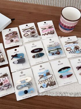 alline新款蓝波点蝴蝶结纽扣格子圆珠复古点格子鸭嘴夹甜美化妆夹