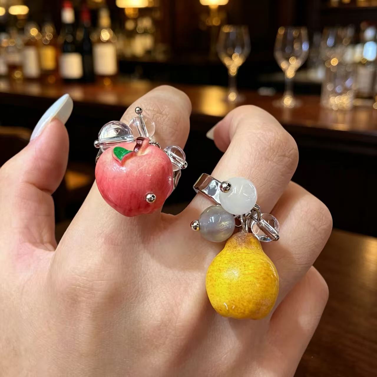 水果系列戒指女苹果鸭梨指环轻奢高级感甜酷个性可调节开口食指戒