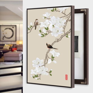 新中式弱电箱装饰画竖版免打孔花鸟画电表盒子遮挡盖板电源空开箱