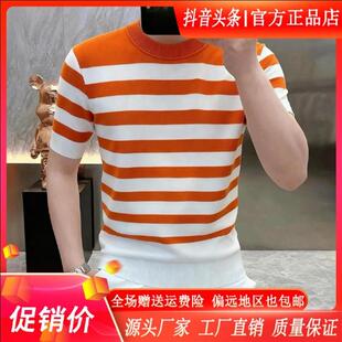 灵锦服饰高档早春新品圆领针织短袖男士洋气T恤打底潮流条纹上M