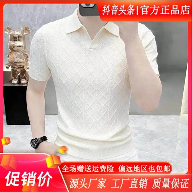 HQ轻奢h严选EXZL甄选高档春秋翻领提花针织短袖毛衣男士时尚打底