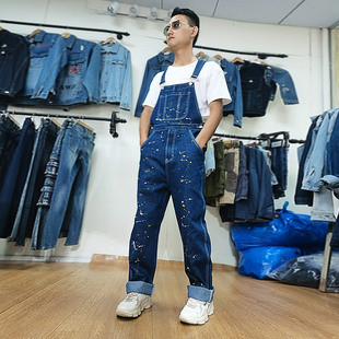翘尾马青年宽松直筒修身连体裤大码日系新款牛仔背带裤男女同款
