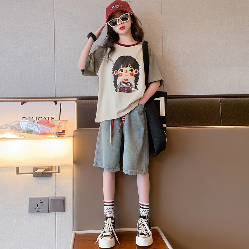 女童夏季短裤2025新款儿童外穿时髦女大童夏装薄款牛仔五分裤套装