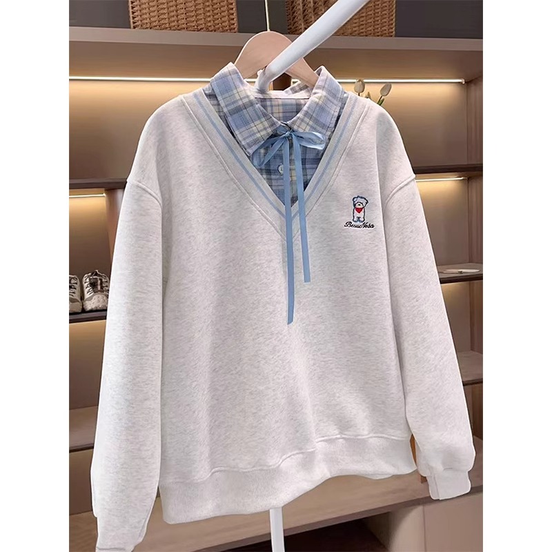 女童春秋洋气假两件卫衣2025新款儿童格子上衣韩版女孩休闲套头衫