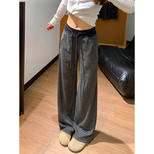 女童裤子秋冬款外穿2025新款女大童条纹运动裤儿童女孩加绒阔腿裤