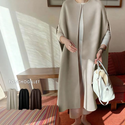 2024秋冬日系乐天女装披风设计感宽松蝙蝠衫毛呢中长款马甲外套