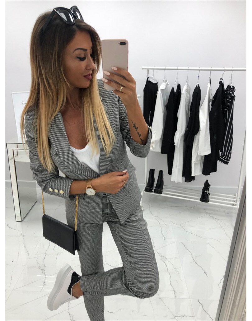 Два кусок наборы women fashion suits格子套装女
