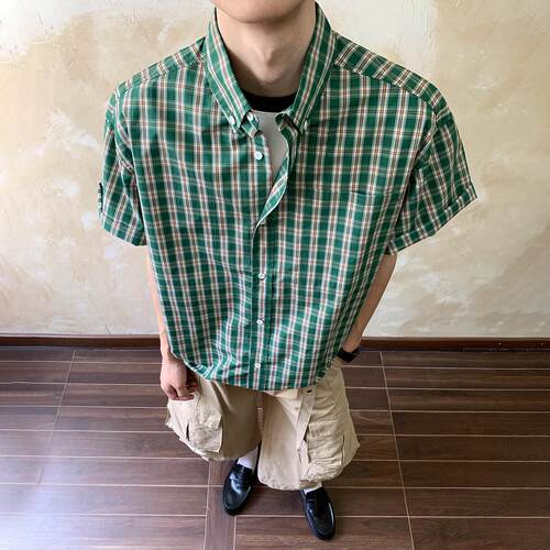 Oalin美式复古绿色格纹短袖衬衫夏季通勤宽松百搭休闲上衣男女