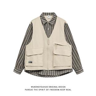 悟空有货日系复古假两件马甲拼接工装衬衫男女设计感潮牌休闲外套