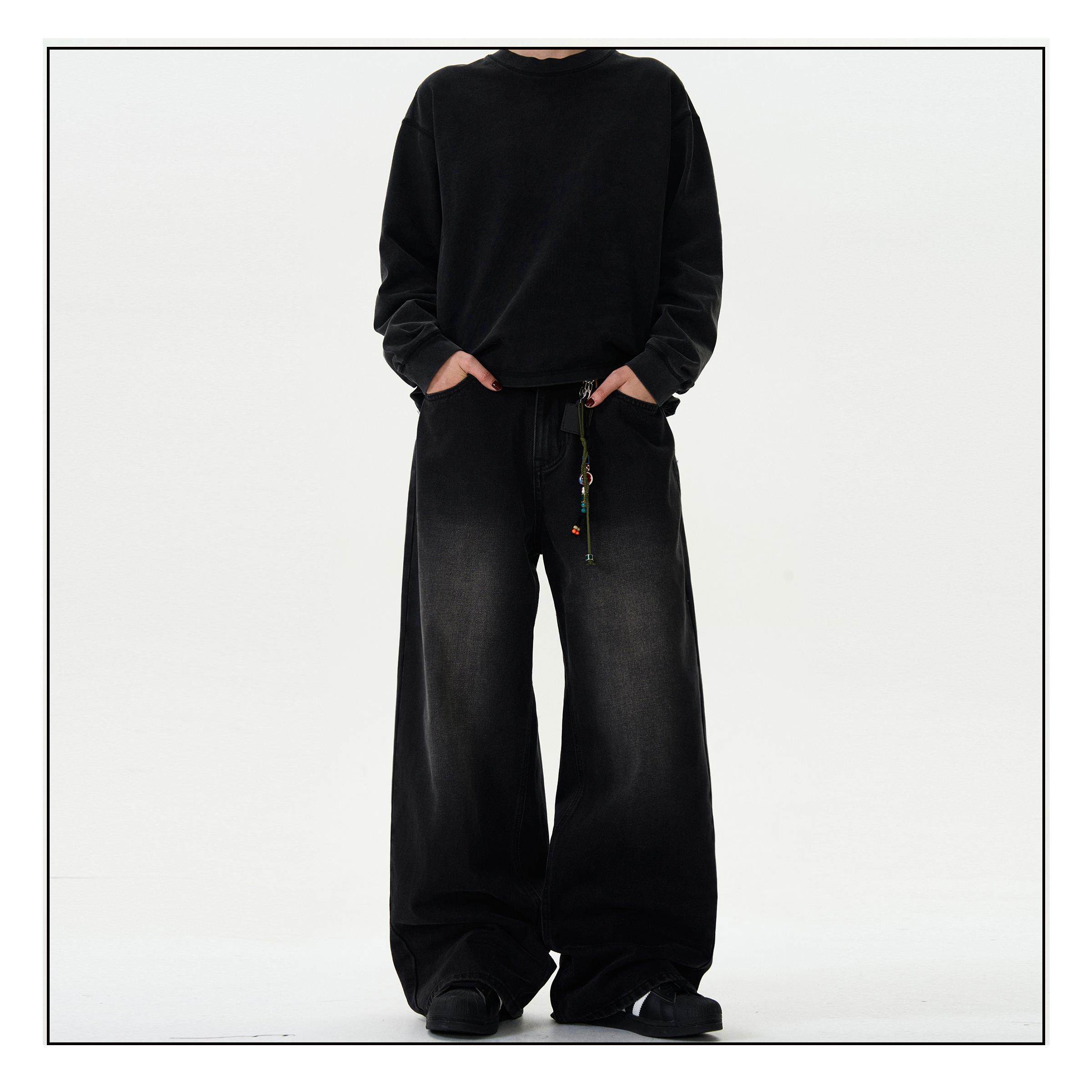 MADWITCH复古水洗bootcut牛仔裤男女宽松休闲阔腿直筒黑色裤子ins