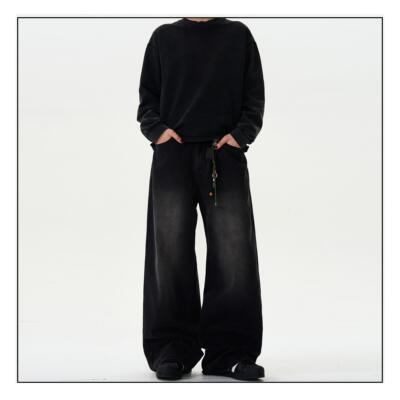 MADWITCH复古水洗bootcut牛仔裤男女宽松休闲阔腿直筒黑色裤子ins