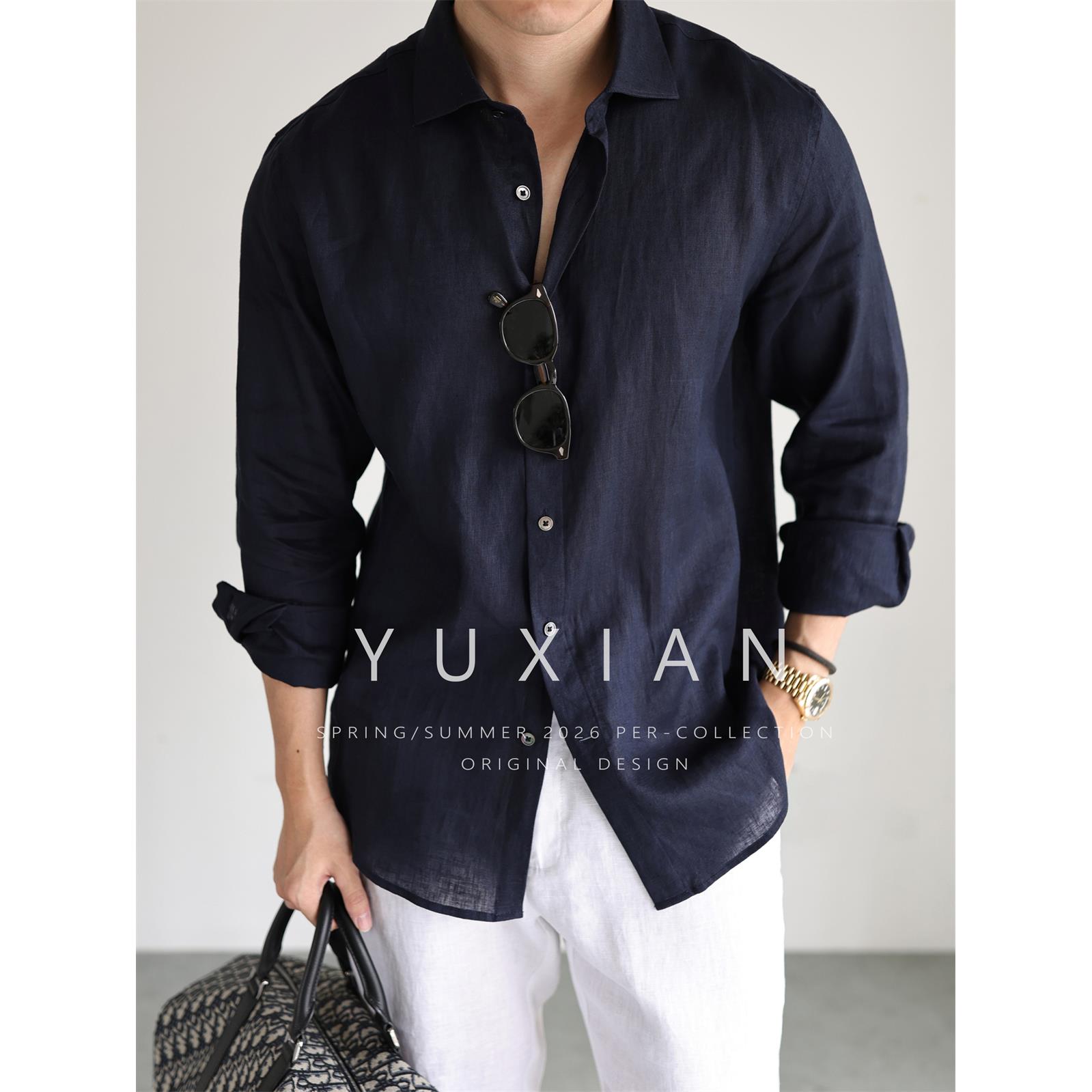 YUXIAN意式100%亚麻色织长袖衬衫休闲商务纯色通勤透气衬衣男春秋