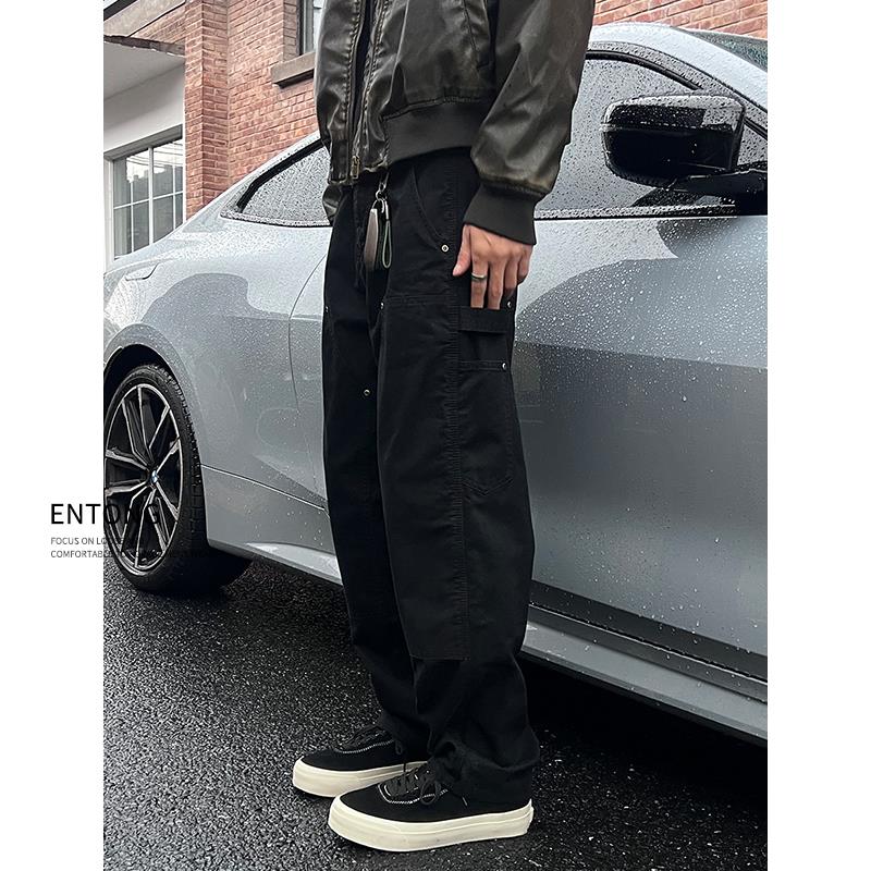 Entong黑色潮流復(fù)古工裝牛仔褲男秋季美式街頭百搭寬松直筒伐木褲