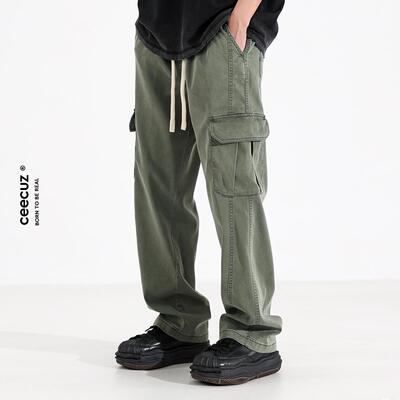 Ceecuz轻薄莱赛尔垂感工装裤男直筒休闲裤美式宽松阔腿军绿色长裤