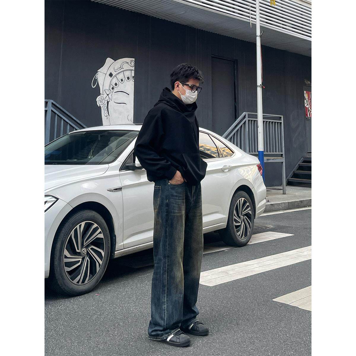 DAL 深蓝色阔腿直筒牛仔裤男2026年春季新款覆古水洗做旧锈迹裤子