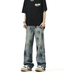 DHSS美式高街泼墨做旧牛仔裤男女水洗vibe直筒宽松阔腿百搭裤子