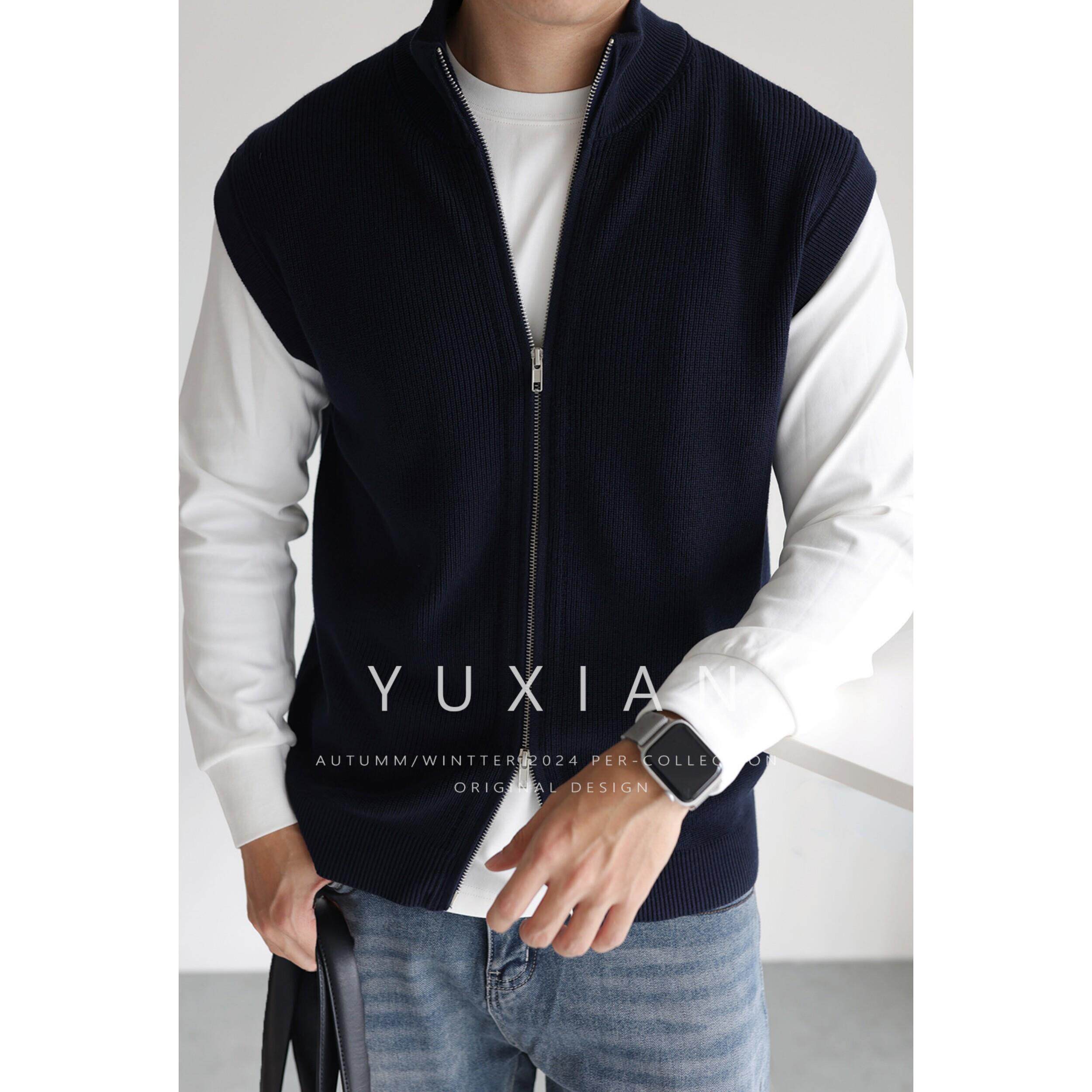 YUXIAN美式复古长绒棉立领马甲针织背心纯棉长袖男士休闲商务春秋