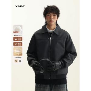 XAKA美拉德复古皮衣外套男秋冬季潮流痞帅夹棉加厚翻领宽松棒球服