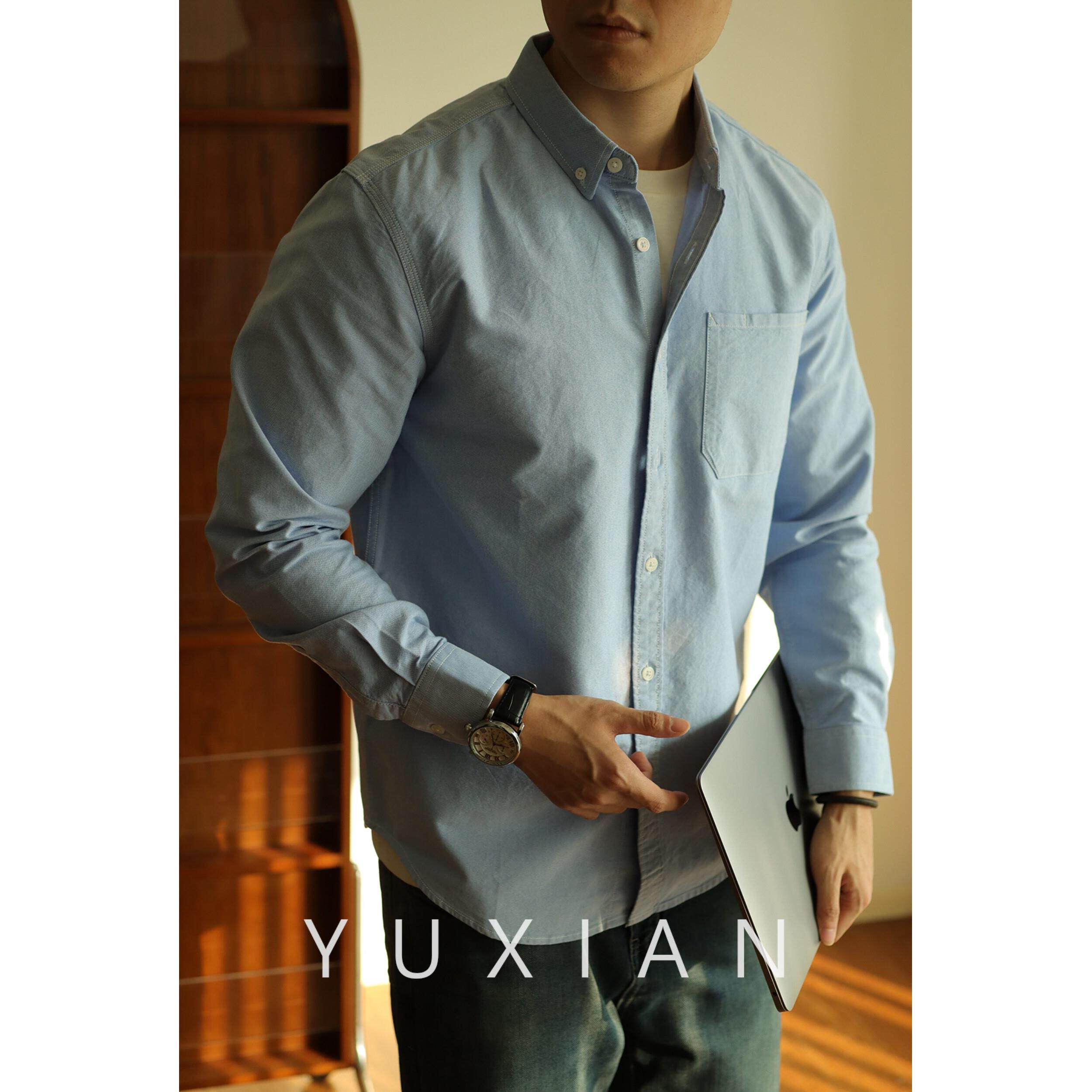 YUXIAN纯色牛津衬衫纯棉长袖商务休闲春秋男士日式宽松百搭