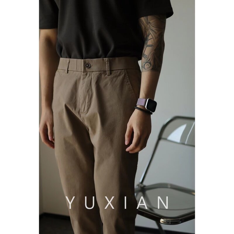 YUXIAN余闲纯棉微椎纯色休闲商务男修身九分长裤直筒百搭春秋季