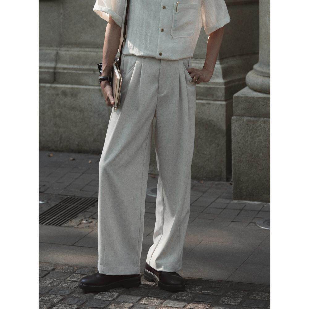 ELI【馥芮白】花纱双褶薄款亚麻混纺夏季老钱风直筒休闲裤西裤男