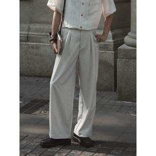 馥芮白 西裤 花纱双褶薄款 老钱风直筒休闲裤 男 亚麻混纺夏季 ELI