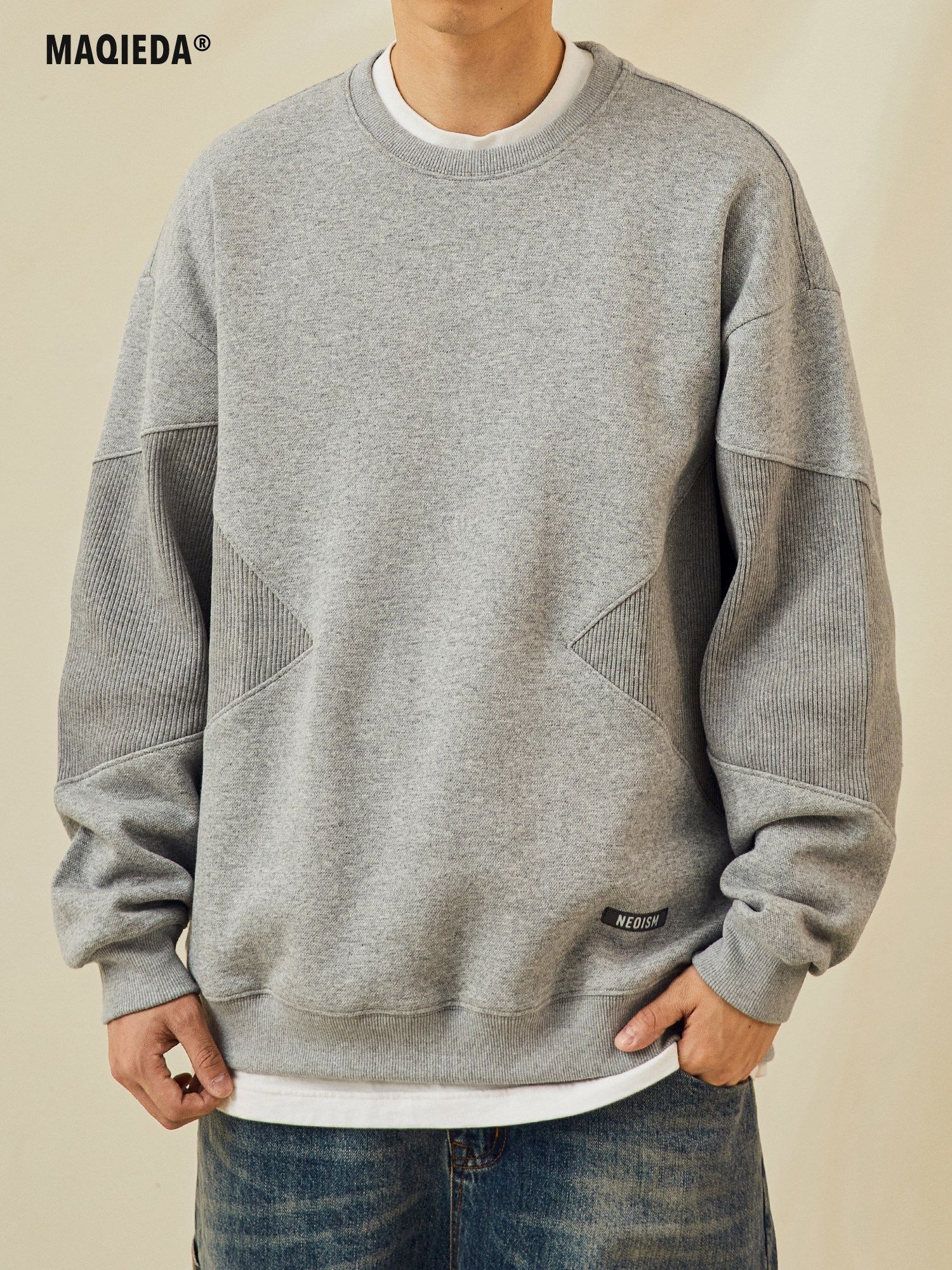 马切达春秋男款日系灰色圆领卫衣男士拼接外套复古男生情侣长袖潮