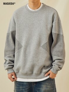 马切达春秋男款日系灰色圆领卫衣男士拼接外套复古男生情侣长袖潮