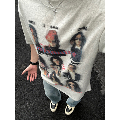 AHCN（志存高远) 美式复古模糊人物印花短袖T恤夏季男女宽松上衣