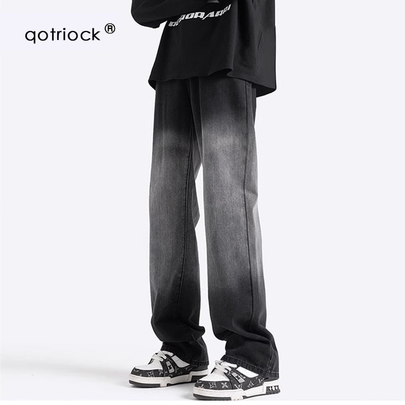 美式渐变牛仔裤男秋季高街潮宽松做旧直筒裤加绒加厚休闲微喇裤子